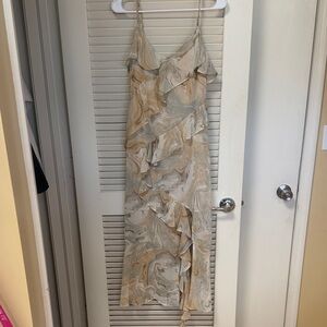 Blu Pepper Marble Ruffle Maxi Slip Dress in Beige and Cream